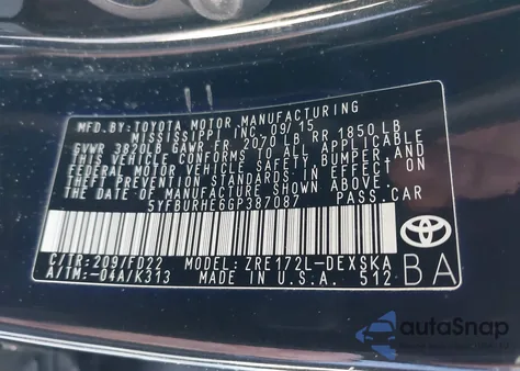 2016 Toyota Corolla S from USA, damaged, VIN 5YFBURHE6GP387087